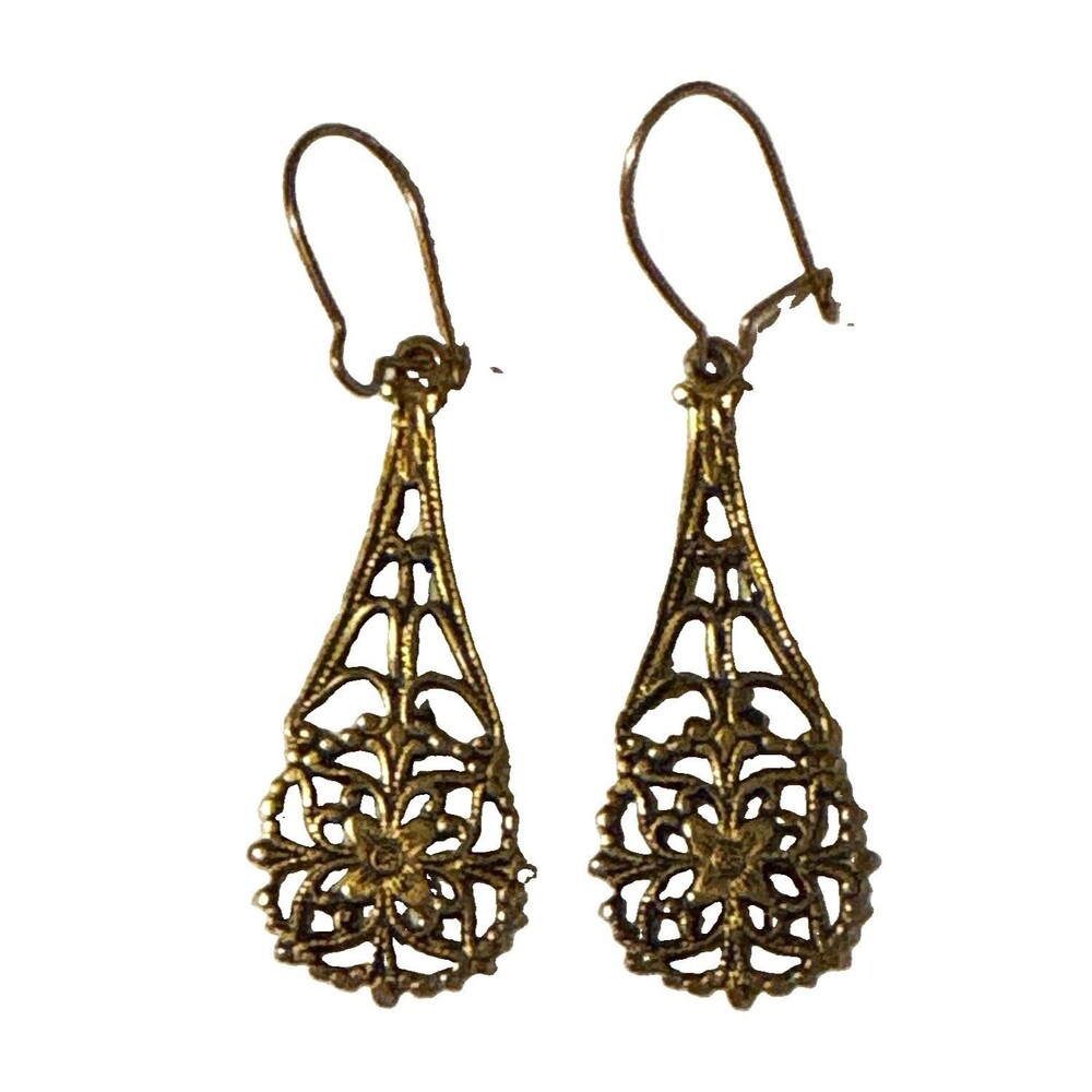 Vintage Gold Tone Teardrop Filigree Hook Dangle Drop Earrings Pair No Stone